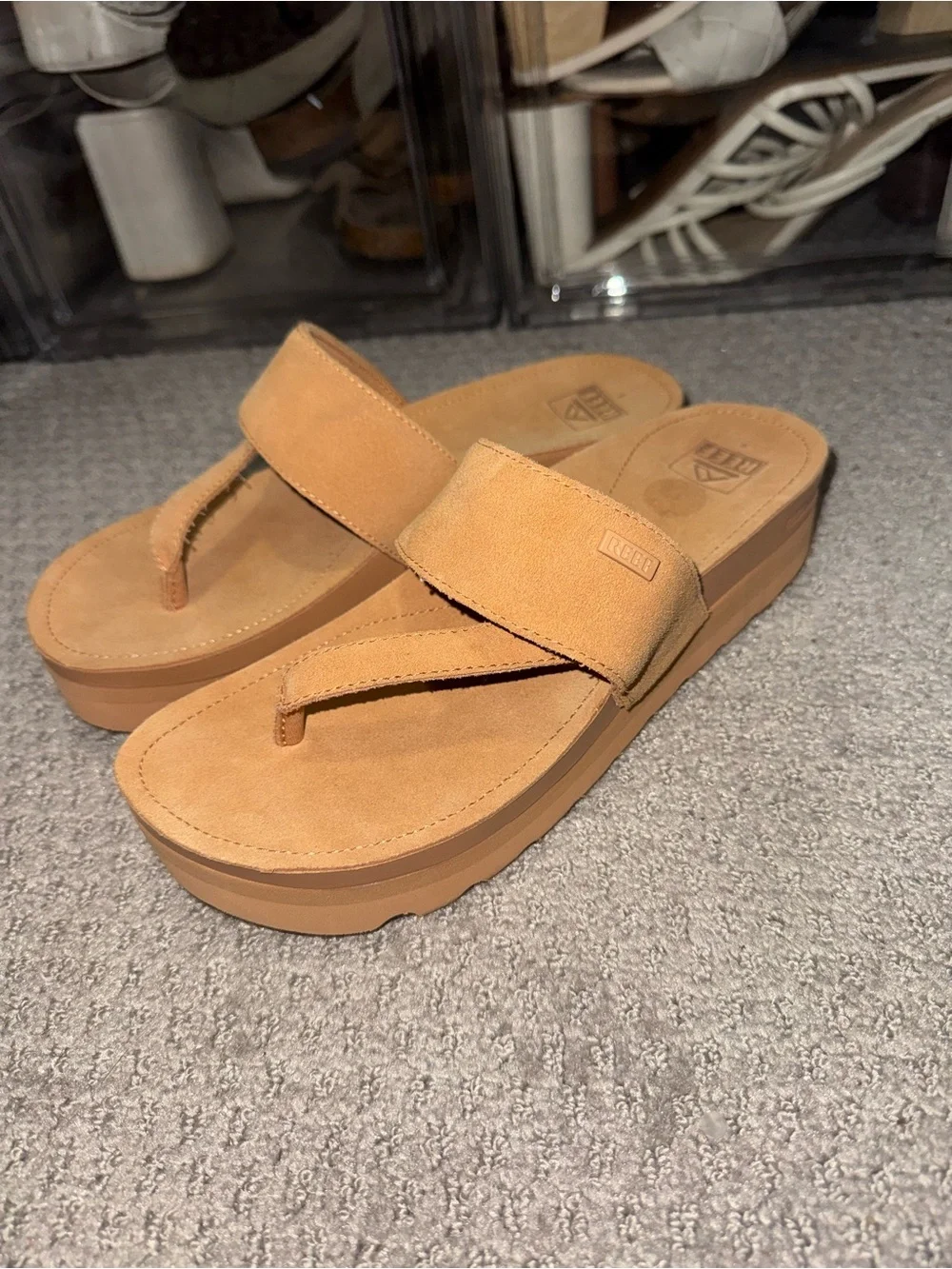 Reef Suede Platform Thong Sandals in Tan